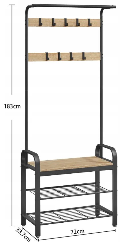 Fém előszobafal PURE 183 cm, fekete/dub sonoma