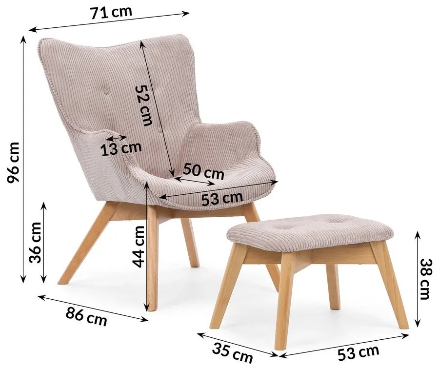 Világos rózsaszín kordbársony fotel lábtartóval Niko – Ropez