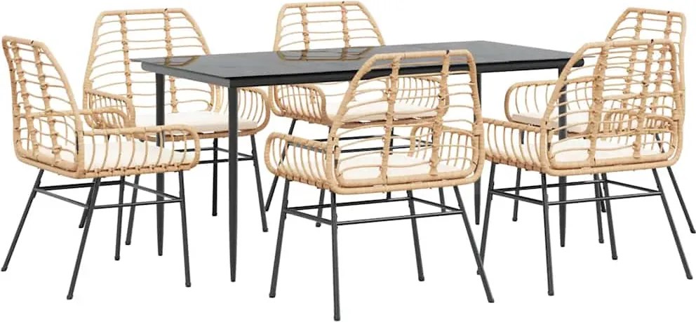 vidaXL 7 észes barna polyrattan üveg kerti étkezőgarnitúra párnával
