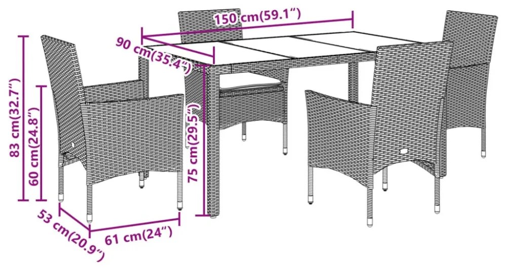 vidaXL5részes fekete polyrattan/akácfa kerti étkezőgarnitúra párnákkal
