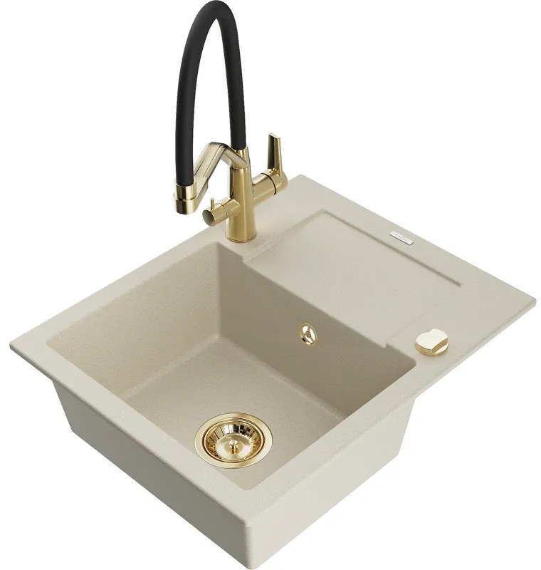 Mexen Enzo egymedencés gránit mosogató lefolyóval és Duo konyhai csappal, bézs - 6506-69-671701-57-G