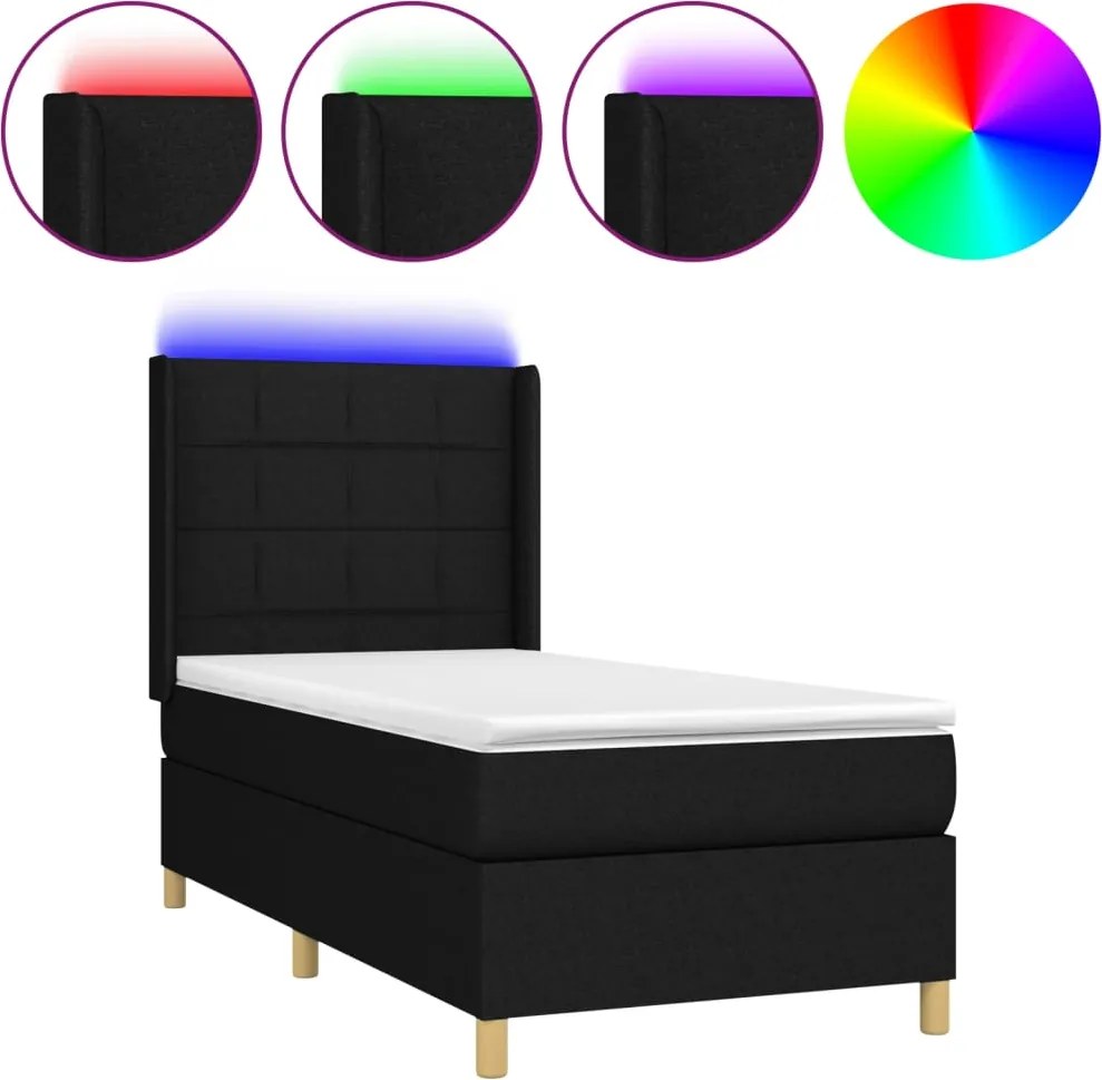 vidaXL fekete szövet rugós és LED-es ágy matraccal 90x200 cm