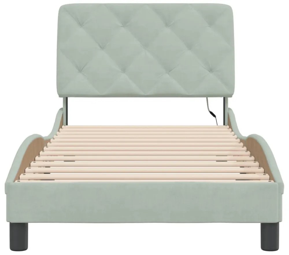 világosszürke bársony ágykeret LED-ekkel matrac nélkül 90 x 190 cm