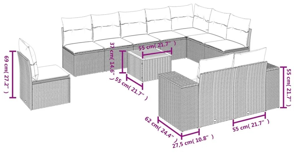 11 részes fekete polyrattan kerti ülőgarnitúra párnákkal