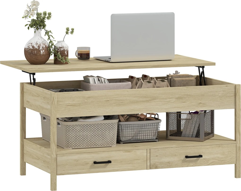HOMCOM Lábemelő Kávasztal Lábemelő Fedéllel, Rejtett Tárolórekesszel, Fiókokkal és Nyitott Polccal 100x50x48-62 cm Tölgy | Aosom