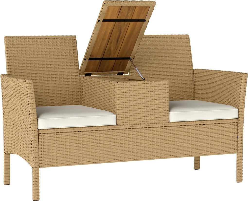 Outsunny 2 szemes Rattan és Acél Kerti Pad Párnákkal és Összecsukható Asztallal Rejtett Tárolóhellyel, Kültéri Kanapé, 134x58x82 cm, Krém és Khaki | A