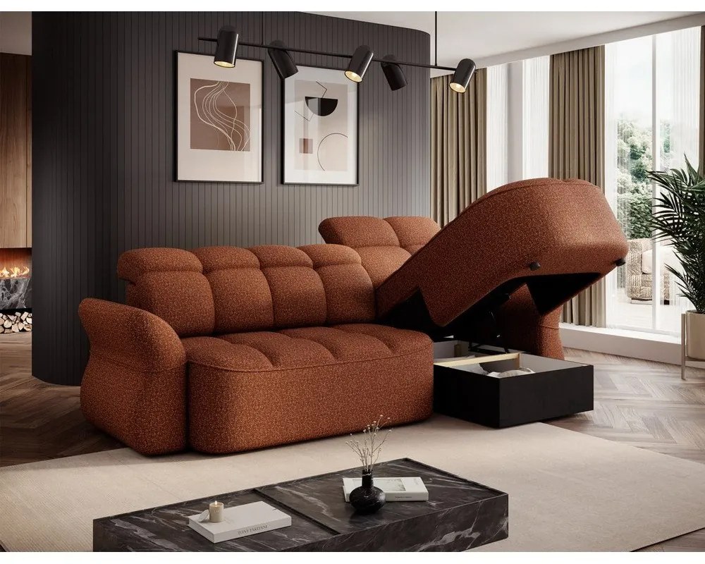 Terrakotta színű bársony kinyitható-tárolóhelyes sarokkanapé (jobb oldali-heverő résszel) Beneth – ELTAP