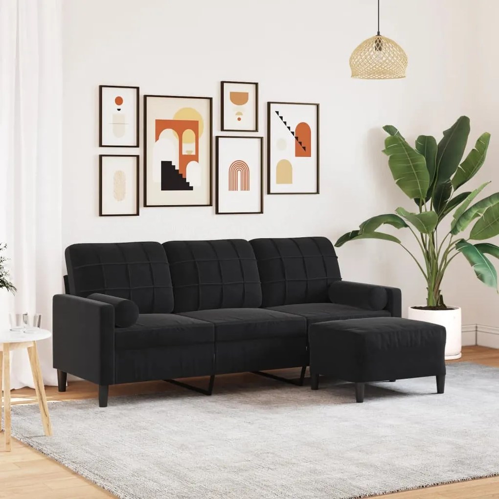 3 személyes fekete bársonykanapé lábtartóval 180 cm