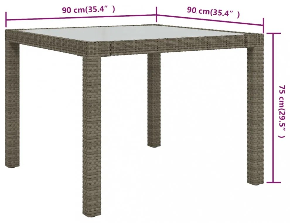 szürke polyrattan és edzett üveg kerti asztal 90 x 90 x 75 cm