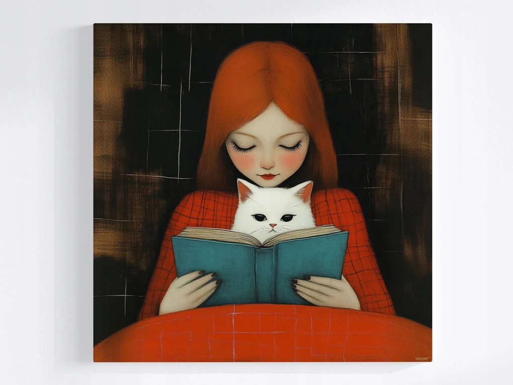 Vászonkép Canvas Vörös Lány Macska Könyv Olvasmány Barátság 40x40