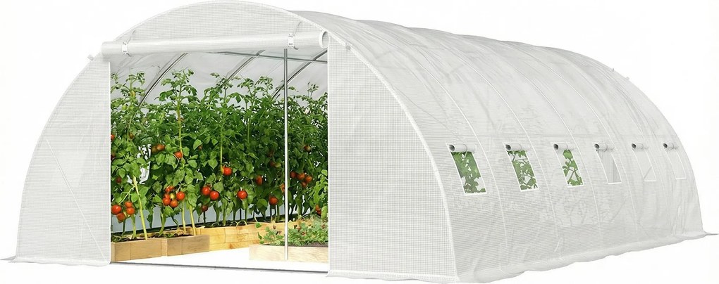 Outsunny kültéri alagút üvegház, 6 x 4 x 2 m – horganyzott acélkeret, vízálló, UV-álló PE takaró, felhajtható ajtók és hálós ablakok, fehér | Aosom