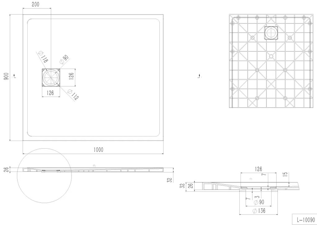 Erga Hyper, SMC zuhanytálca 100x90x2,6 cm + szifon, fekete matt, ERG-V06-SMC-9010S-BK