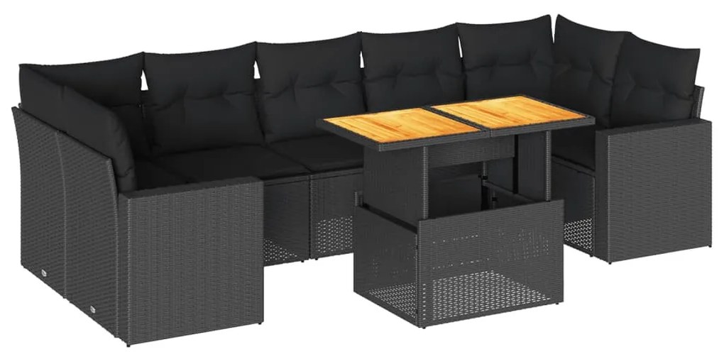 8 részes fekete polyrattan kerti ülőgarnitúra párnákkal