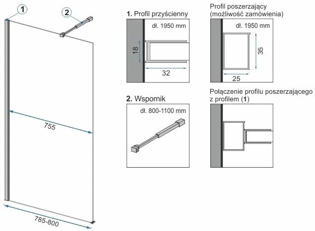 Rea Aero, zuhanyparaván WALK-IN 80x195 cm + EVO polc és törölközőtartó, KPL-K0615