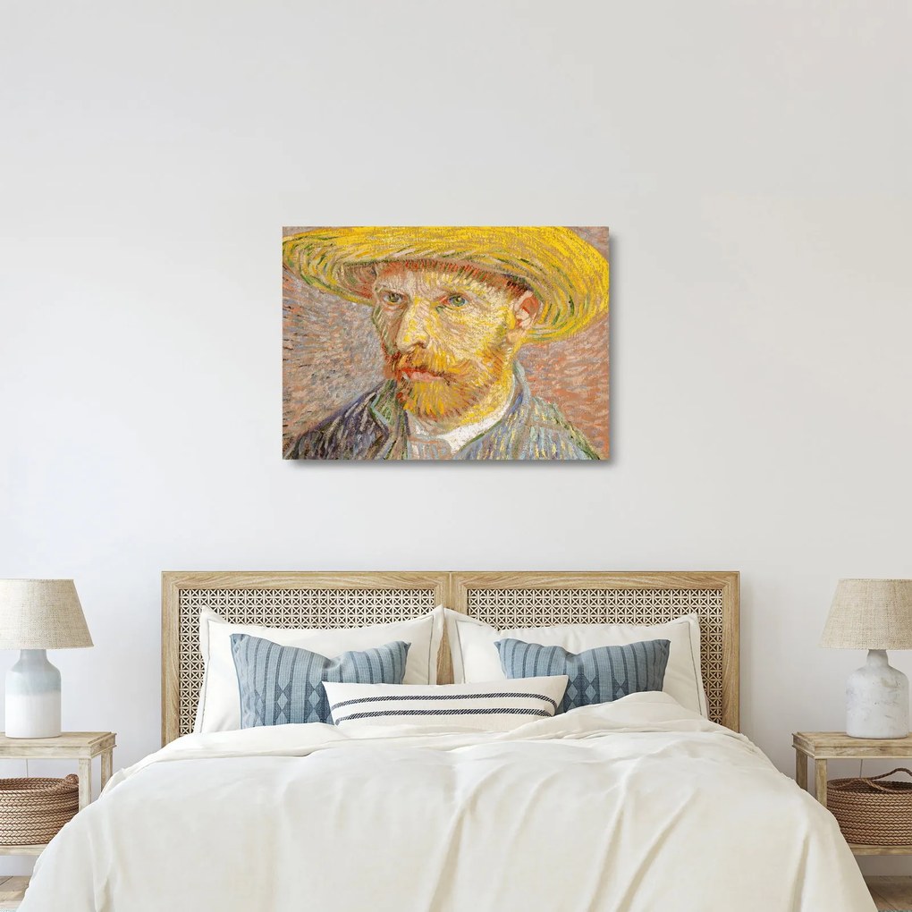 Üveg kép - Vincent van Gogh, Self-Portrait with a Straw Hat (The Potato Peeler), reprodukciók (70x50 cm)
