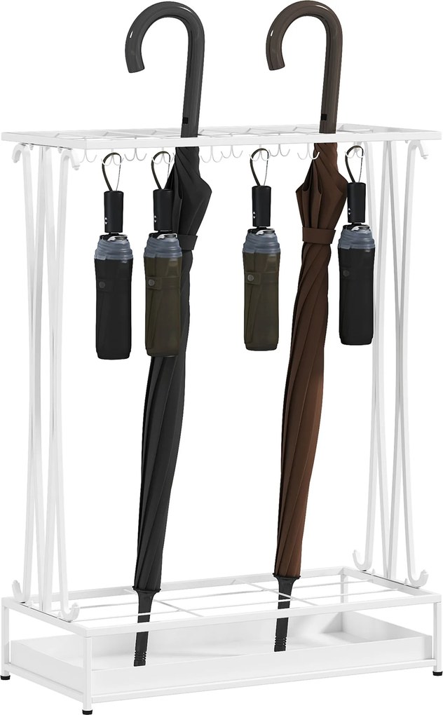 HOMCOM Modern Rectangular Umbrella Stand Acél Ernyőtartó 24 Horoggal 21 Helyel és Leválasztható Csepegtetőtálcával Bejárathoz Irodához 50x24x68 cm Feh