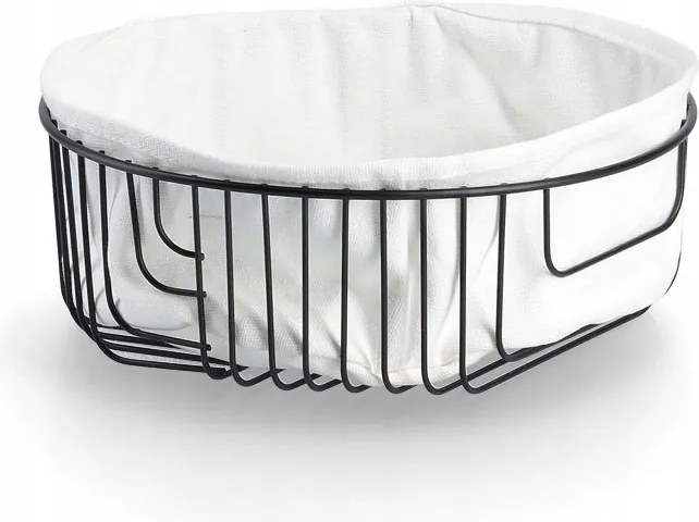 Kenyértartó kosár táskával, fém/pamut, fekete, O 24 x 8 cm