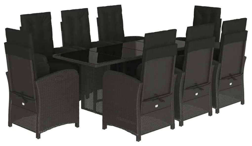 9 részes fekete polyrattan kerti étkezőgarnitúra párnákkal