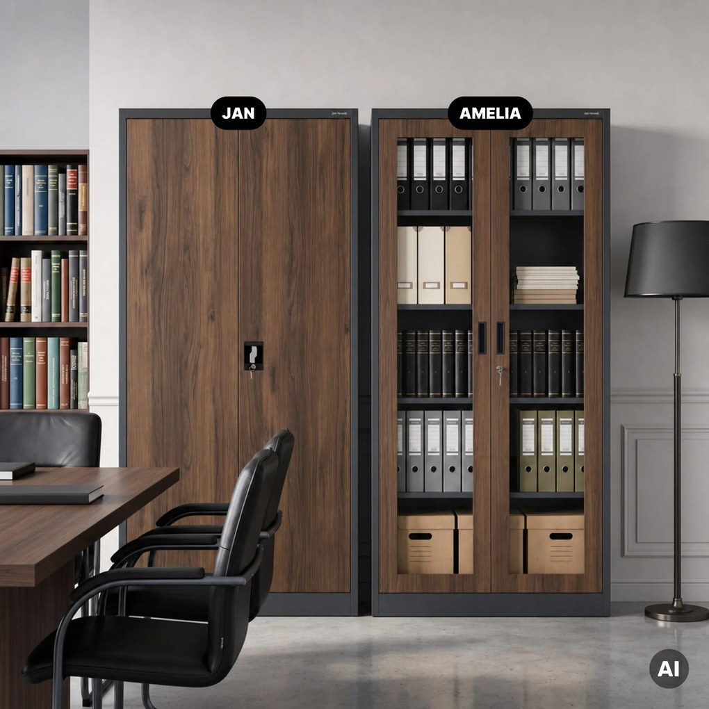 Fém szekrény vitrinnel, antracit, dió, 900x1850x400 mm: AMELIA Eco Design