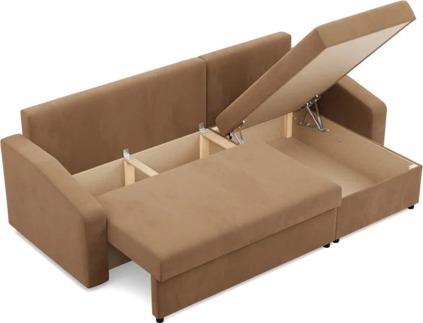 Zeus sarokkanapé, 2 ágyneműtartóval, döntött kartámasz, szövet anyag, univerzális oldal, hab töltet, barna