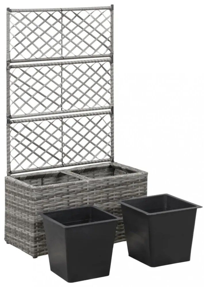 szürke rácsos polyrattan magaságyás 2 kaspóval 58 x 30 x 107 cm