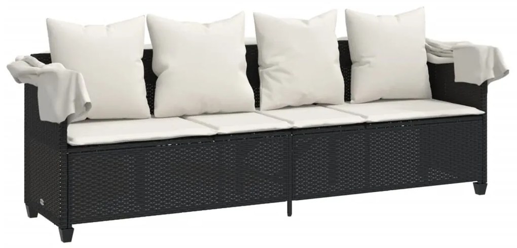Fekete polyrattan napozóágy tetővel és párnával