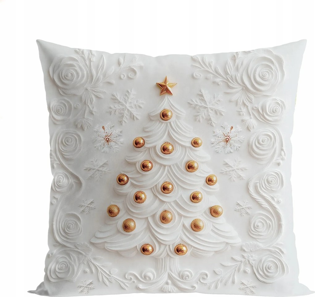 Karácsonyfa 3D Hatású Karácsonyi Párnahuzat Velvet 40x40cm fehér-arany