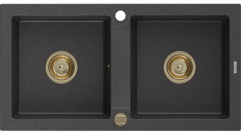 Mexen Mario, gránit mosogató 820x436x161 mm, 2 kamrás, fekete foltos arany szifonnal, 6504822000-76-G