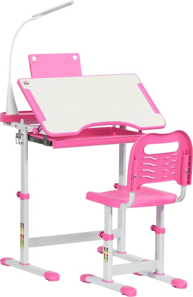 HOMCOM Gyerek Íróasztal és Szék Szett +6 Éveseknek Magasságállítható Gyerek Íróasztal, Dönthető Asztali Lámpa, Fiók és Polc Rózsaszín | Aosom