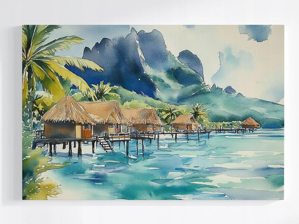 Poszter Tájkép Sziget Trópusok Tengerpart Kunyhók Óceán Hegyek 120x80