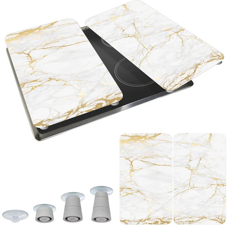 Fehér-aranyszínű edzett üveg tűzhely fedőlap szett 2 db-os 30x52 cm Marble – Wenko