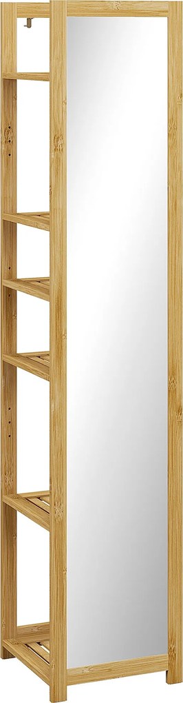 HOMCOM Fürdőszoba Szekrény Tükörrel, 6 Polcos Tárolópolc Természetes Bambuszból, 35L x 35Sz x 168M cm | Aosom