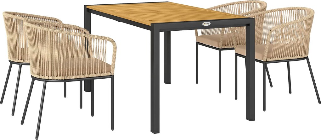 Outsunny 5 részes Polyrattan Kertibútor Szett 4 fő részére, időjárásálló erkélybútor asztallal és 4 székkel, levehető ülőpárnákkal, kültéri terasz bút