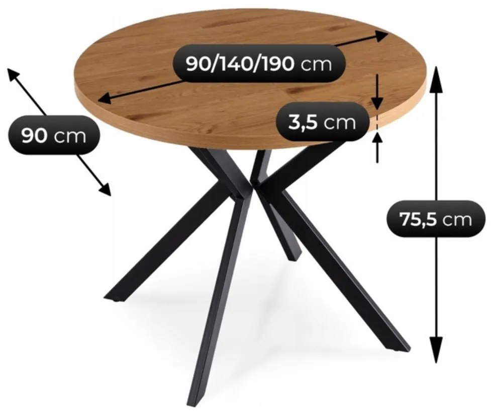 Bővíthető Étkezőasztal Arany Tölgy/Fekete Színben. LUGO 90-190 cm