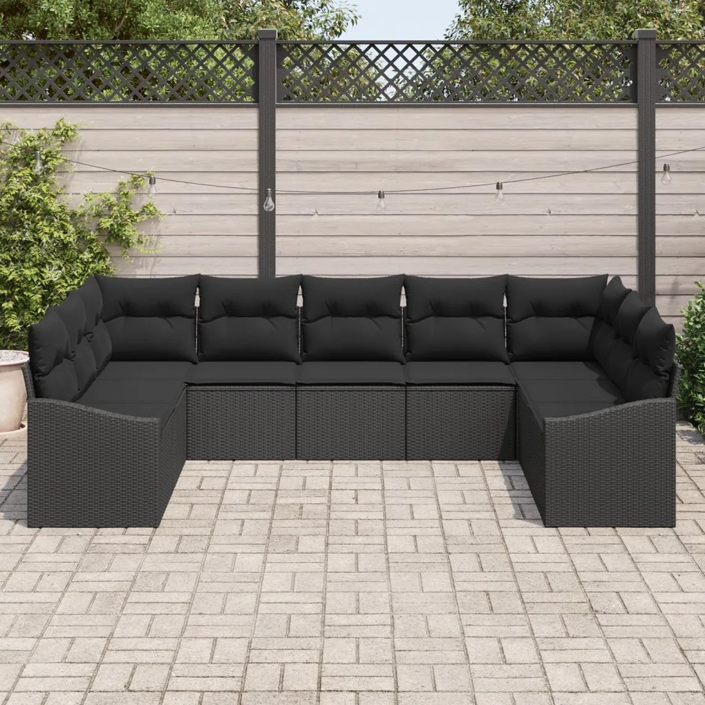 9 részes kert kanapé készlet párnákkal Fekete Poly Rattan