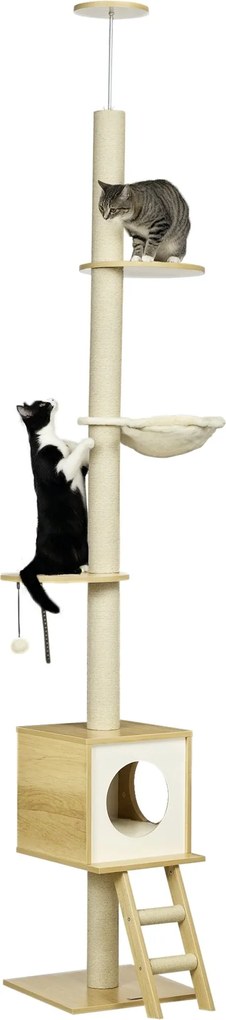 PawHut Macska Fa, Padlótól a Mennyezetig Érő Karcoló, 240-260 cm, Mászófa Macska Házzal, Kender Kötél Posztokkal, Hintaágy, Macska Létra, Játék Gömb,