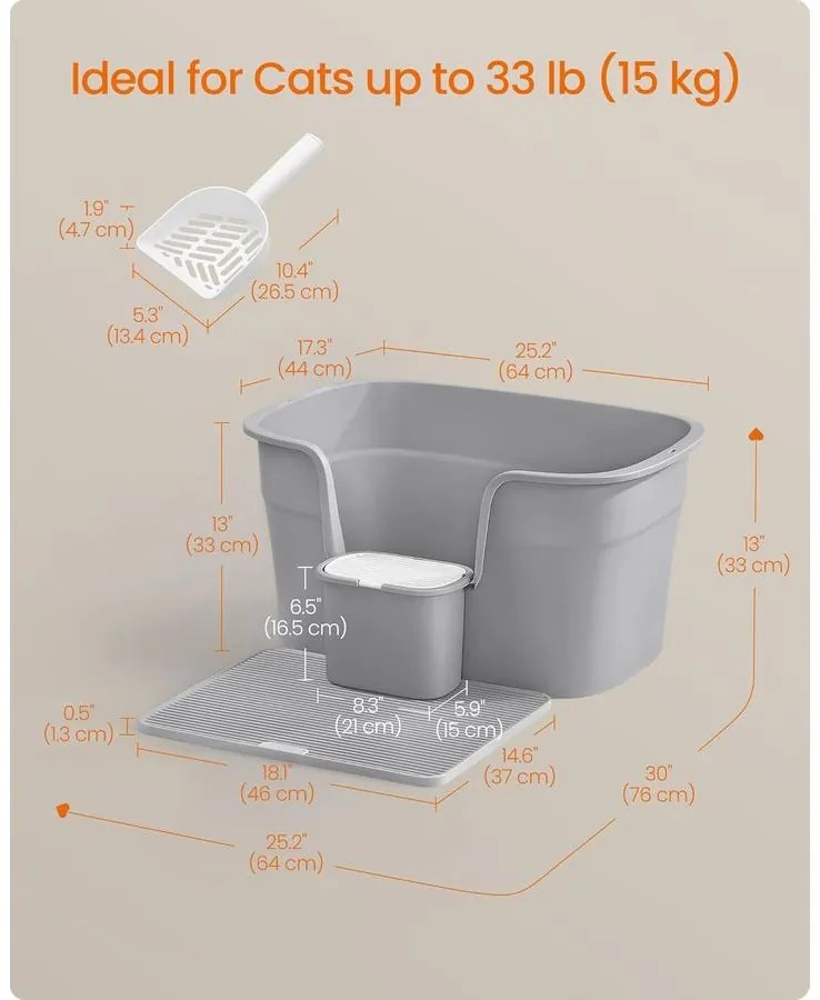 Extra nagy macskaalomdoboz magas oldalfallal, alomfogó ráccsal, szürke színben