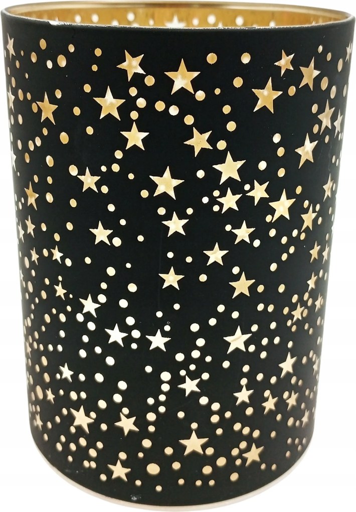 Led Lampion Fekete-arany Csillagokkal 12 CM Elemes 3XAA R6 Ø 9 CM