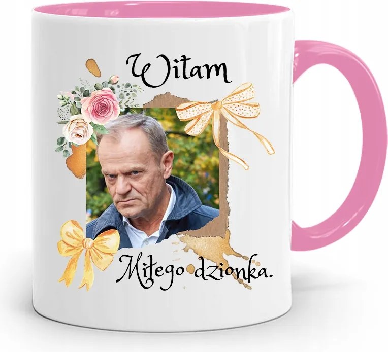 Donald Tusk Rózsaszín Bögre Platform Ajándék fényképes nyomtatással