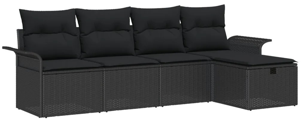5 részes kerti kanapé készlet párnákkal - fekete poli rattan, 2 férőhelyes kerti kanapé tárolóval és párnákkal - fekete poli rattan