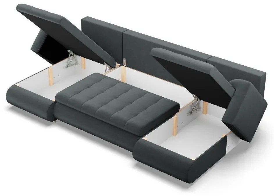 Tokio U alakú sarokkanapé, 3 ágyneműtartóval, bársony, univerzális oldal, szürke