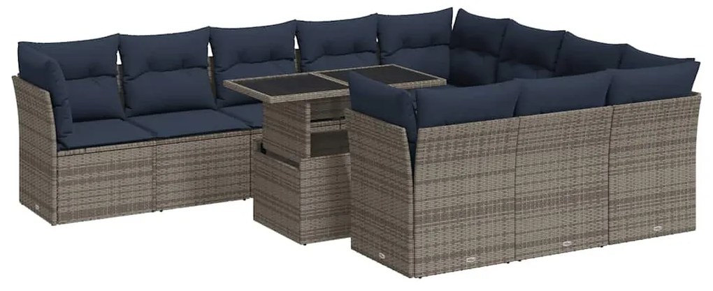 11 részes szürke polyrattan akácfa kerti ülőgarnitúra párnákkal