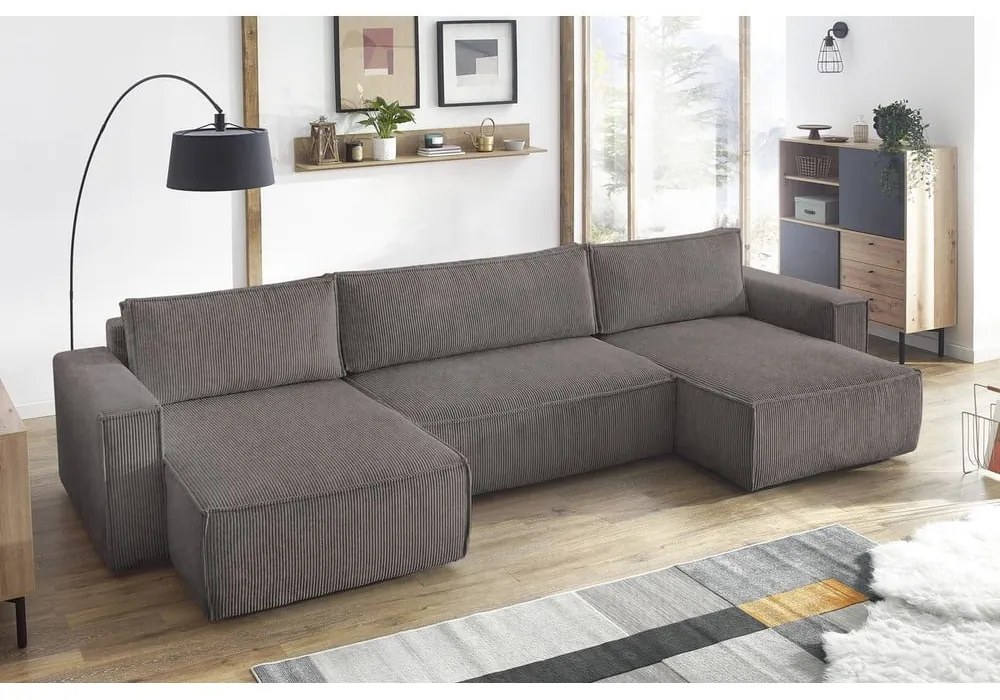 Sötétszürke kordbársony kinyitható sarokkanapé ("U" alakú) Nihad – Bobochic Paris
