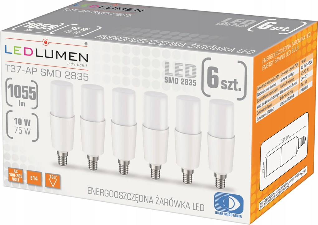 6 darabos Led izzó készlet E14 10W=75W 1055lm T37 Erős Energiatakarékos 4000K