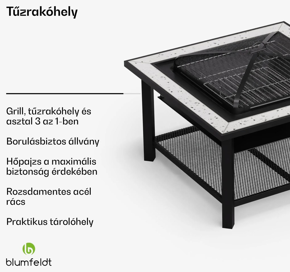 Blumfeldt Merano Avanzato 3 az 1-ben, tűzrakóhely grill funkcióval, asztalként is használható, 87 x 87 cm
