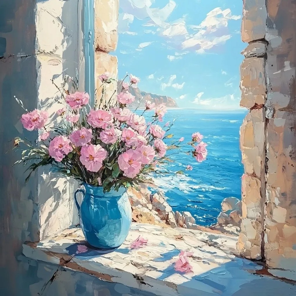 Vászonkép Canvas Olaj Ablak Kilátás Tenger Dél Virágok Váza 40x40