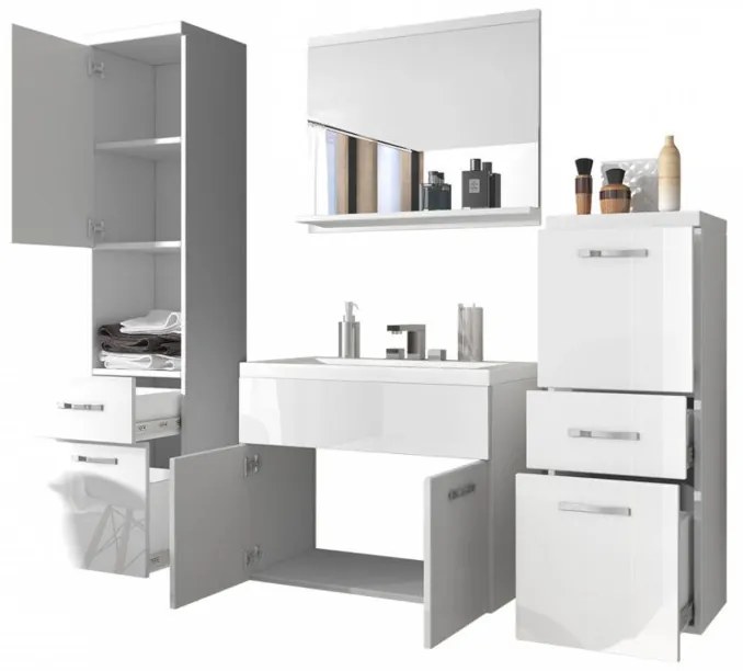 LABA fürdőszoba összeállítás mosdóval, tölgy/magasfényű fehér