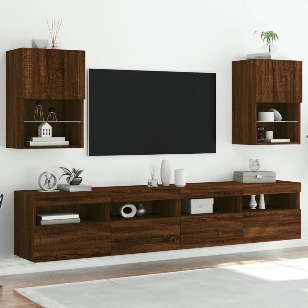 2 db barna tölgy színű TV-szekrény LED-ekkel 40,5 x 30 x 60 cm