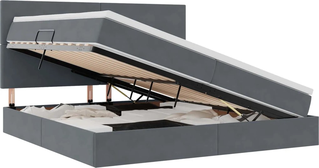 vidaXL Ágy tárolóval és matraccal Sötétszürke 200 x 200 cm Bársony