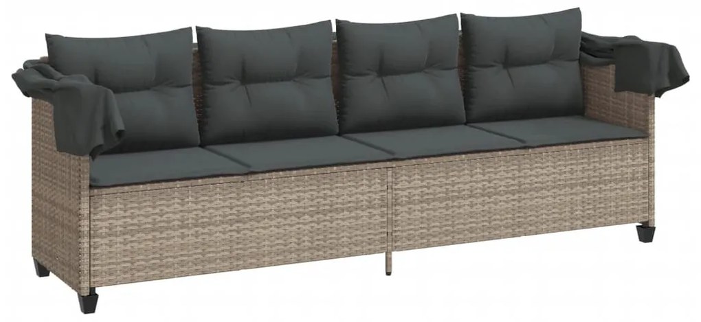 Világosszürke polyrattan napozóágy tetővel és párnával